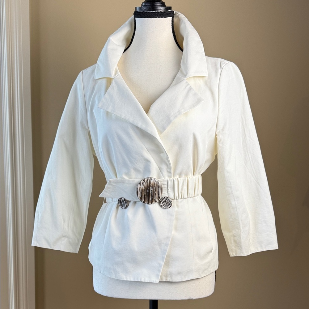 Chapter One Lined Blazer Size 8  Cream 3/4 Sleeve Removable Elasticized Belt